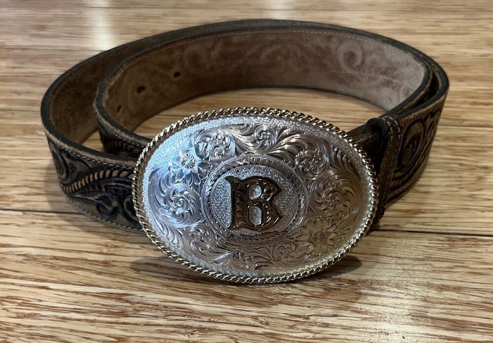 Montana Silversmiths Silver Plated Belt Buckle B Initial Leather 36” Belt Tooled
